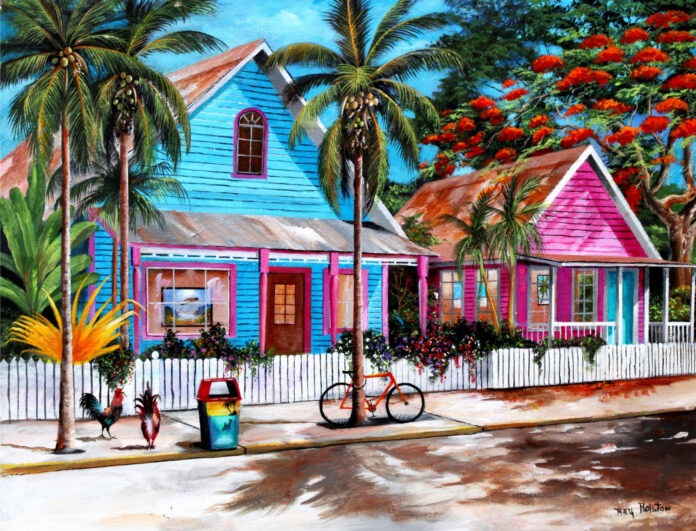 Rolston_WhiteheadStreet a painting of a colorful house on a street