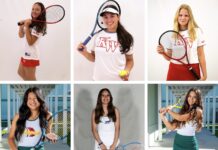 a series of photos of a woman holding tennis racquets