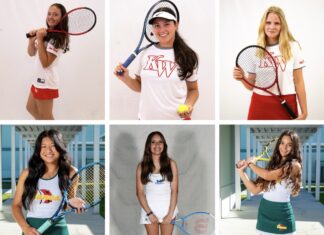 a series of photos of a woman holding tennis racquets