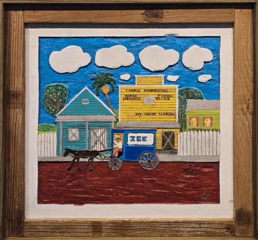a painting of a store with a dog in front of it