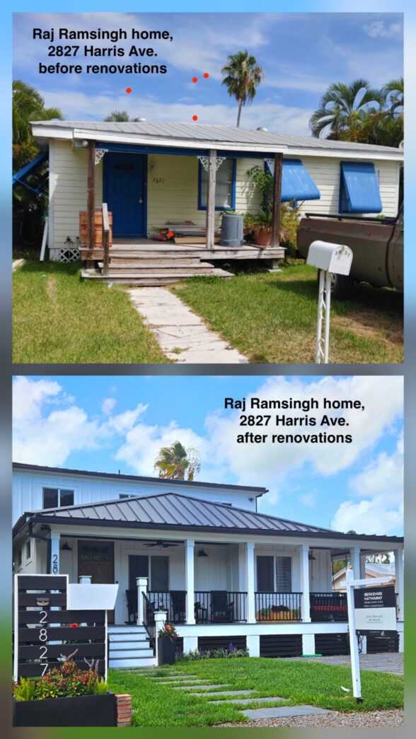 two pictures of a house with a metal roof
