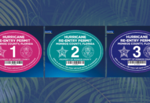 three different colored labels on a blue background