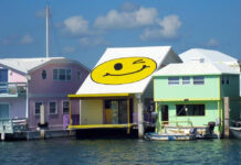 a row of houses with a smiley face painted on the roof