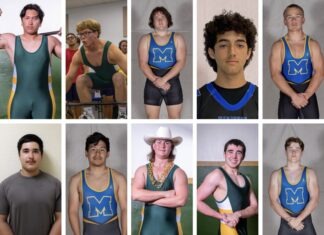 a series of photos of men in wrestling uniforms