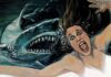 a painting of a woman in a white dress with a shark