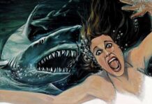 a painting of a woman in a white dress with a shark
