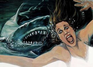 a painting of a woman in a white dress with a shark