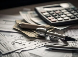 a calculator and a pen on top of a pile of papers