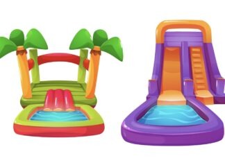 two inflatable slides and a water slide