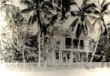 a large white house surrounded by palm trees