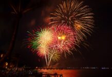 a fireworks display over a body of water