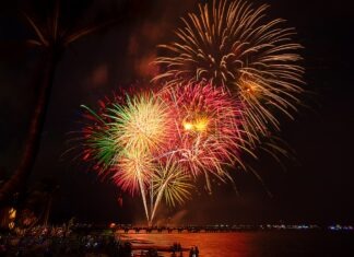 a fireworks display over a body of water
