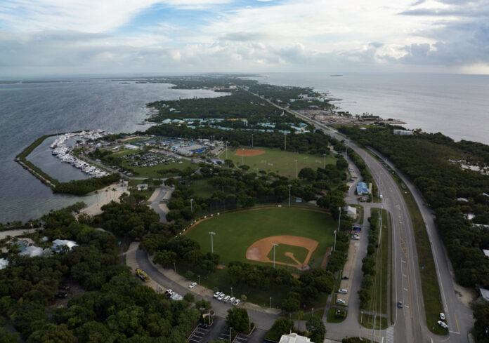 Founders Park ballfield an aerial view of a baseball field next to the ocean