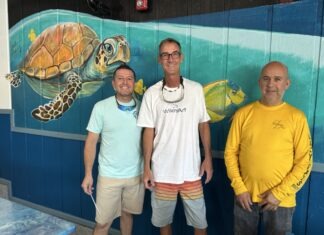 three men standing in front of a mural of a turtle