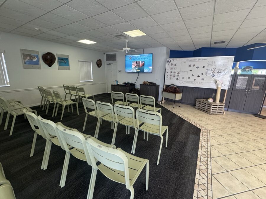 a room that has a bunch of chairs in it