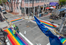 an aerial view of a rainbow painted street