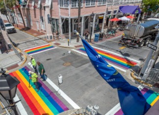 an aerial view of a rainbow painted street