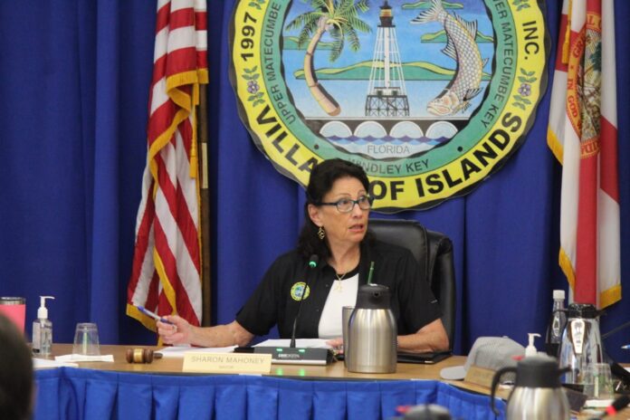 a woman sitting at a table in front of flags