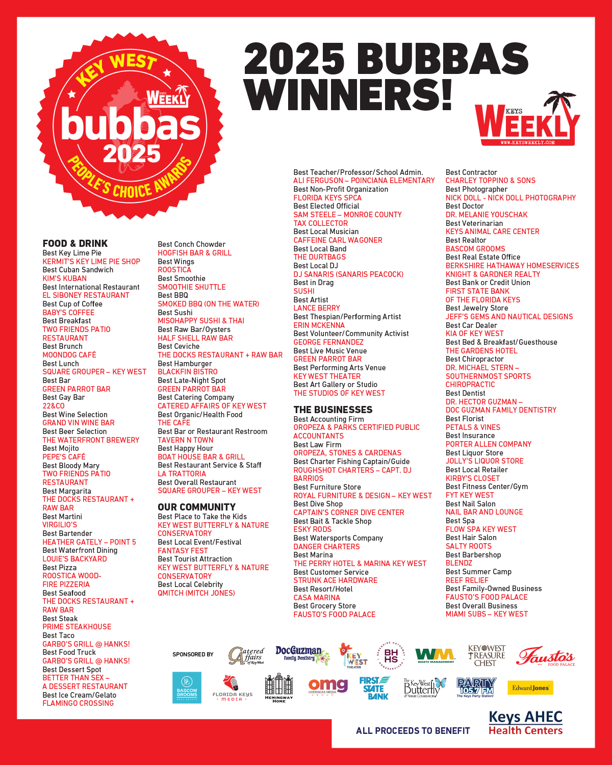 a red and white flyer with a list of winners