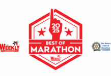 a red and white logo with the words best of marathon