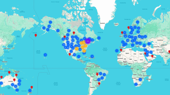 a map of the world with all the countries marked in blue