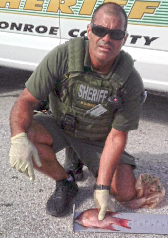 a man kneeling down next to a fish