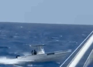 a small boat in the middle of the ocean