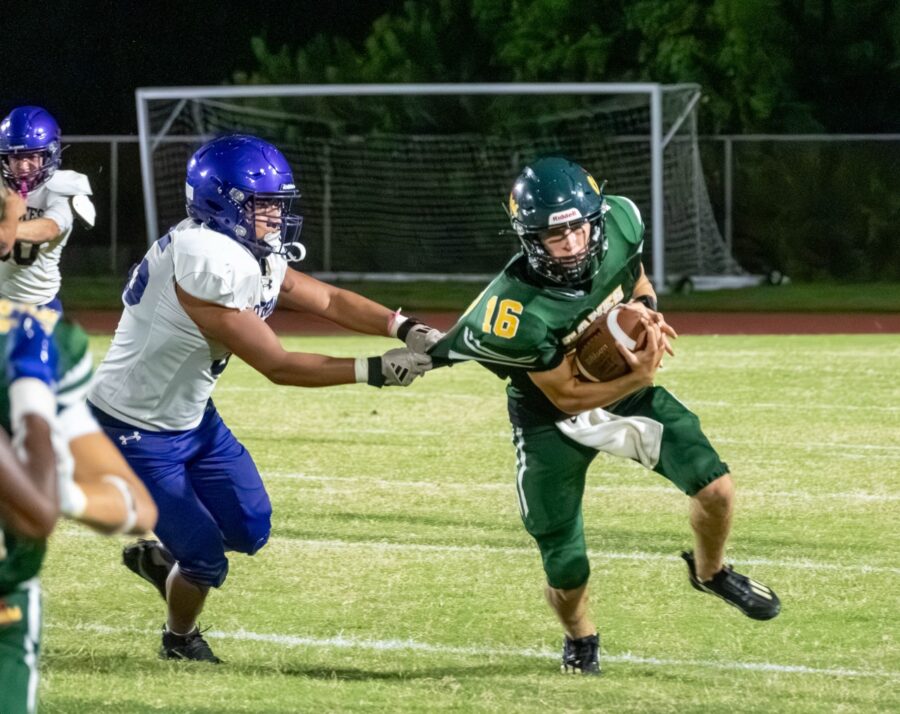 a football player running with the ball during a game