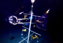 a woman in a diving suit is on a pole