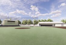a rendering of a baseball field with a stadium in the background