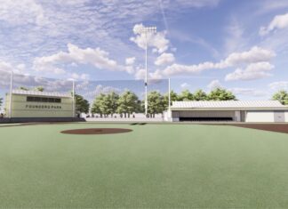 a rendering of a baseball field with a stadium in the background