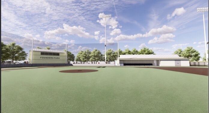a rendering of a baseball field with a stadium in the background