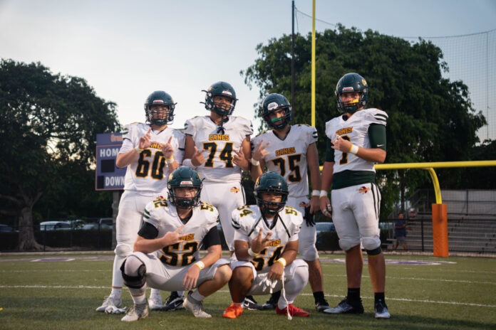 a football team posing for a picture on the field