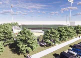 an artist's rendering of a parking lot at a baseball field