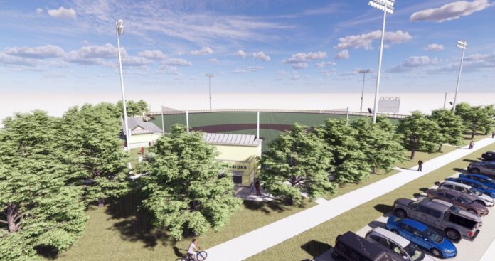 an artist's rendering of a parking lot at a baseball field