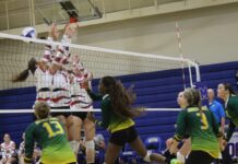 a group of young women playing a game of volleyball
