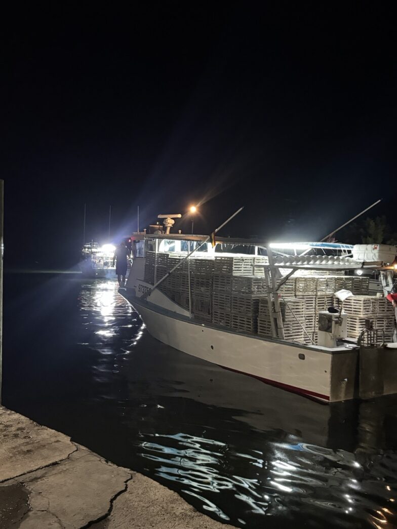 a boat docked at a dock at night