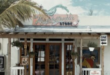 a store front with a palm tree in front of it