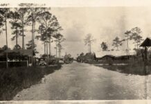 a black and white photo of a dirt road