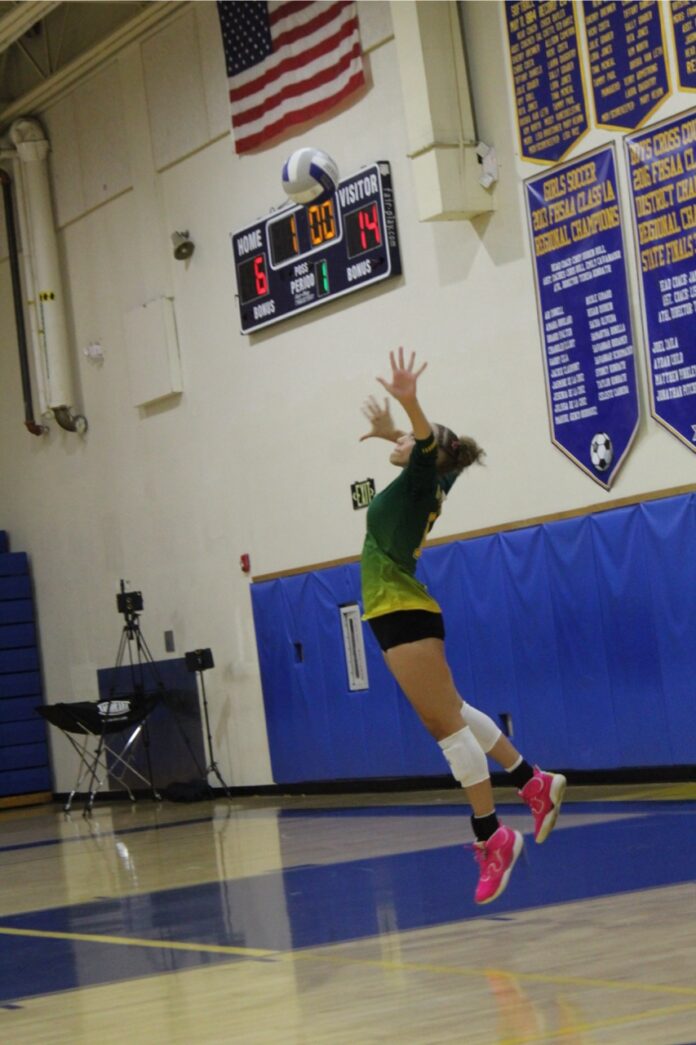 a girl jumping in the air to catch a volleyball