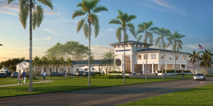 an artist's rendering of a building with palm trees in front of it