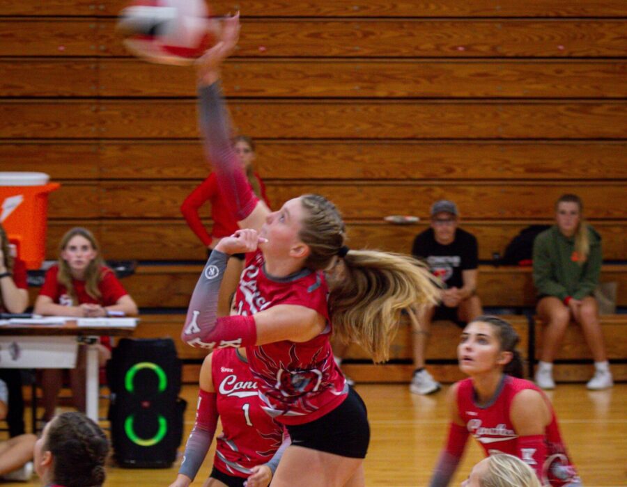 a group of girls playing a game of volleyball
