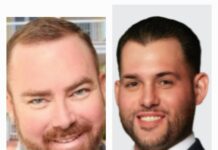 three headshots of two men in suits and ties