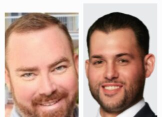 three headshots of two men in suits and ties