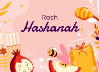 a rosh hashanah card with pomegranates, honey,