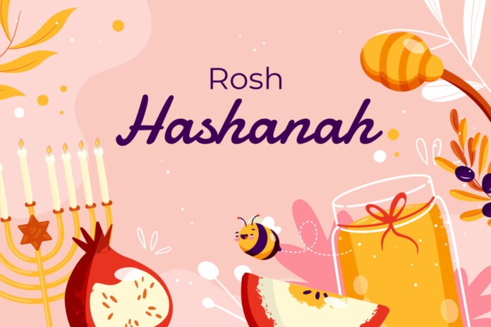 a rosh hashanah card with pomegranates, honey,