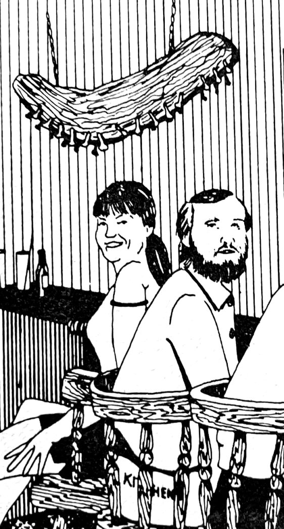 a black and white drawing of two people sitting at a table
