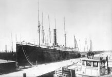 a black and white photo of a large ship