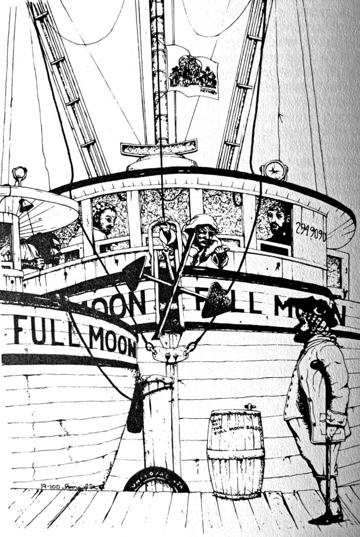 a drawing of a boat with people on it