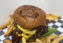a cheeseburger with fries on a checkered table cloth
